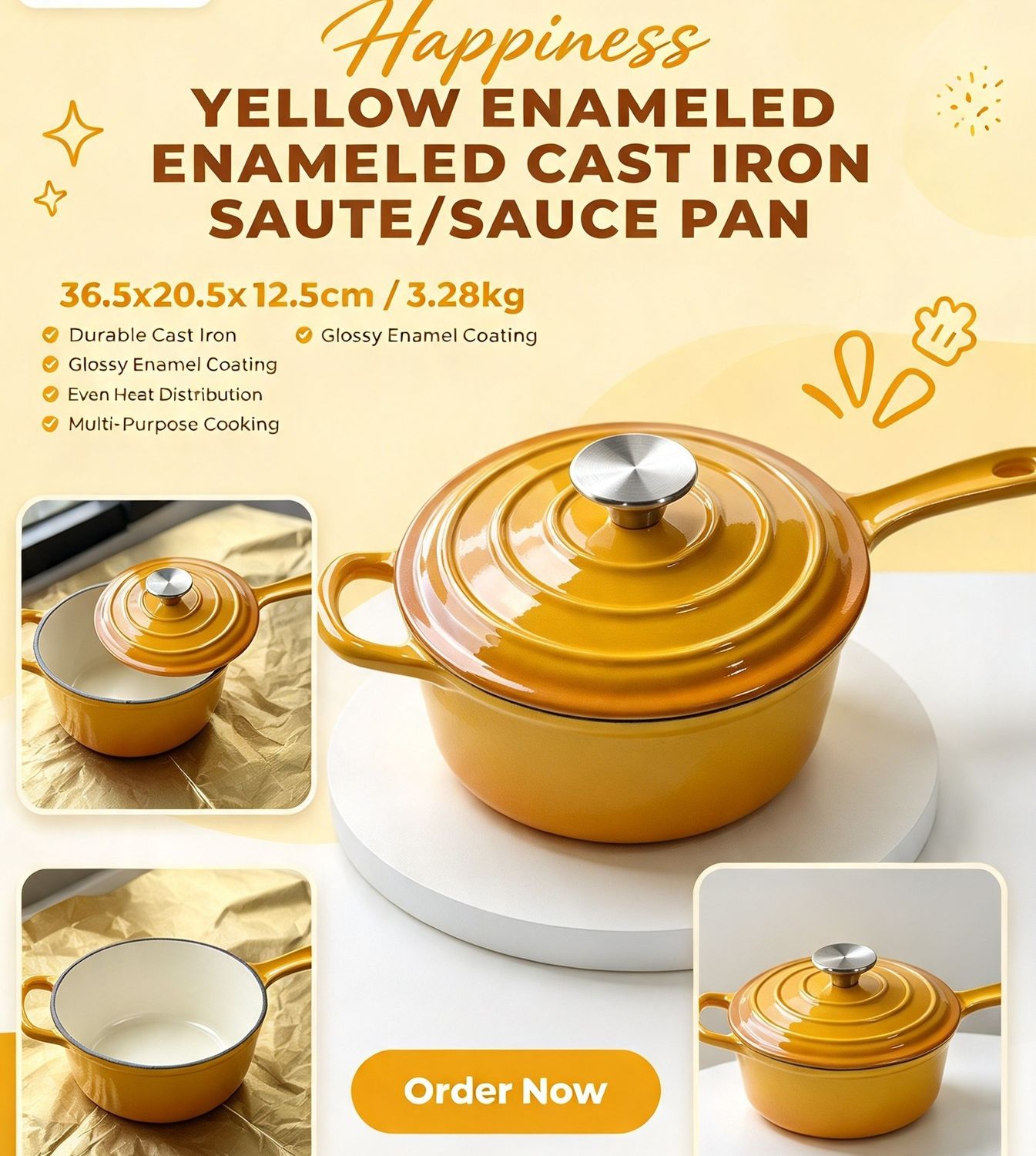 Happiness YELLOW ENAMELED CAST IRON SAUTE/SAUCE PAN - 36.5x20.5x12.5cm/3.28kg