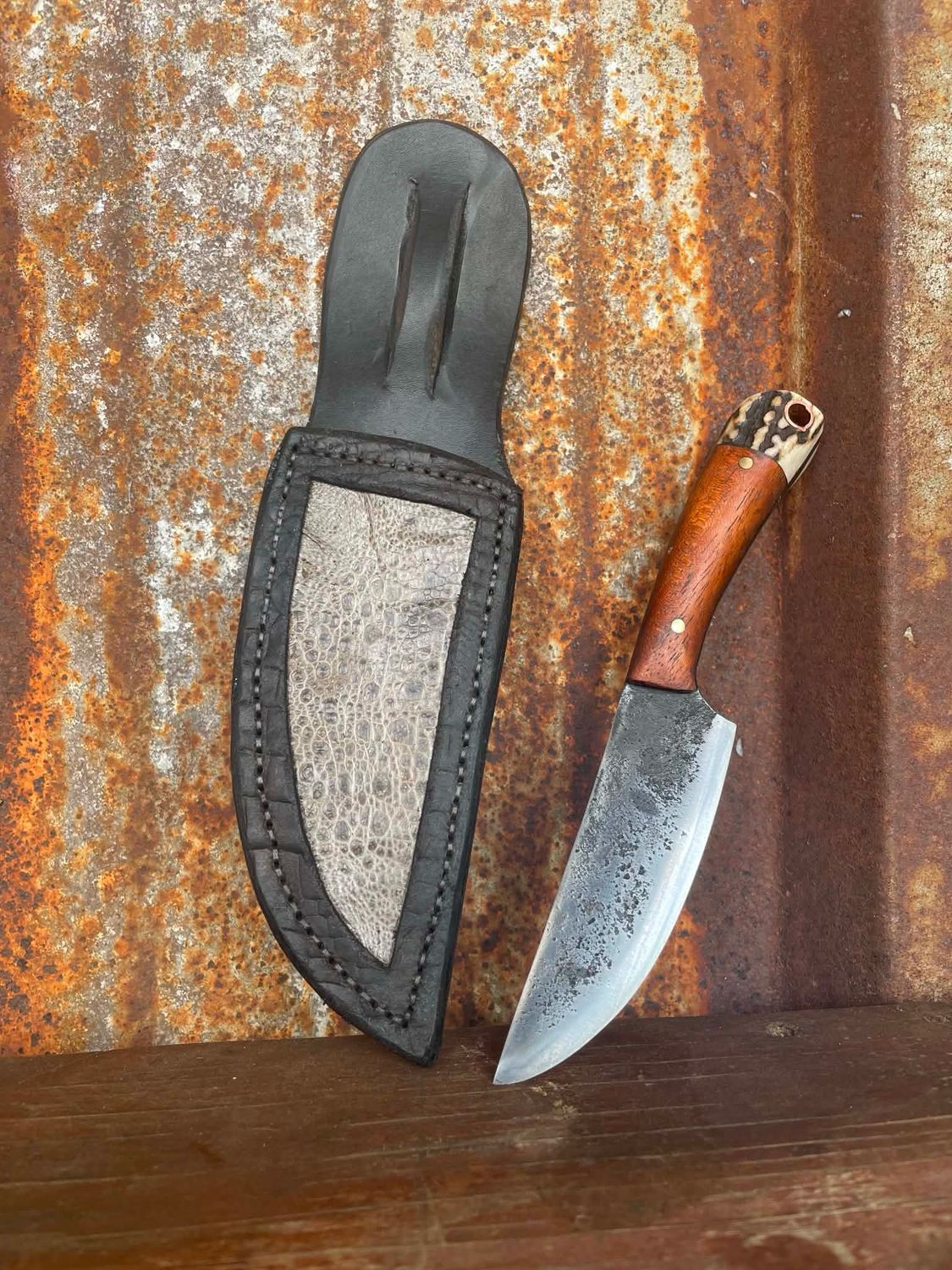 Belt Knife With Mesquite And Antler Handle