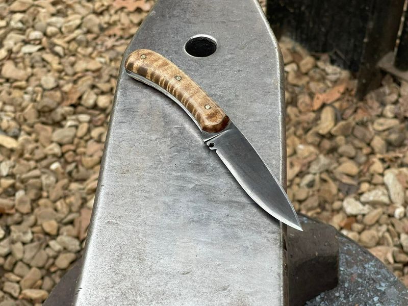 Jason Hawk Made-Tiger stripe Maple Handled Drop Point With Decorative File Work