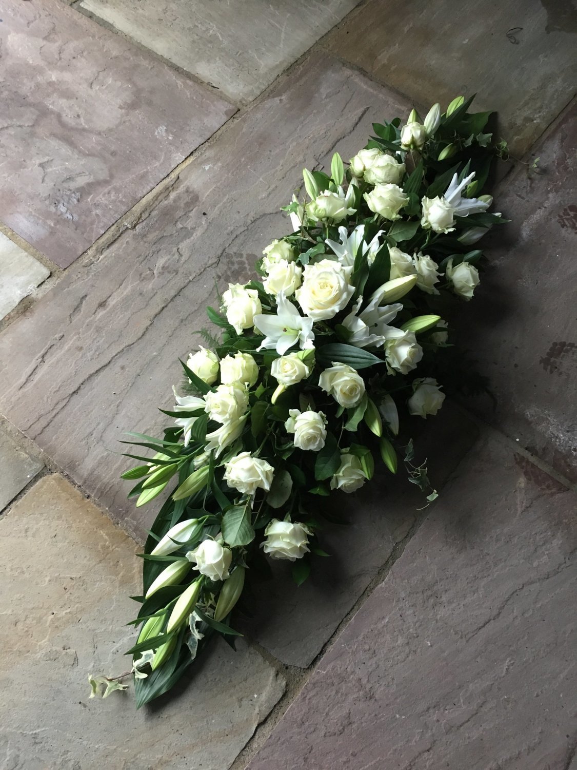 All White  Rose and Lily Coffin Spray