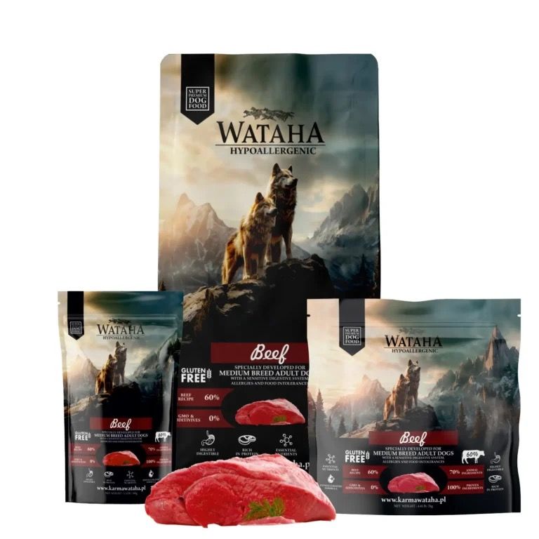 WATAHA Hypoallergenic z Wołowiną – Sucha Karma dla Dorosłych Psów Średnich Ras 6kg