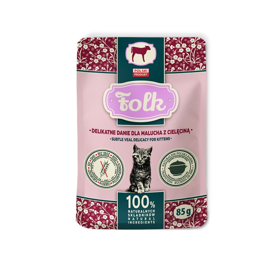 FOLK KITTEN Karma mokra dla kota - Delikatne danie dla malucha z cielęciną saszetka 85 g