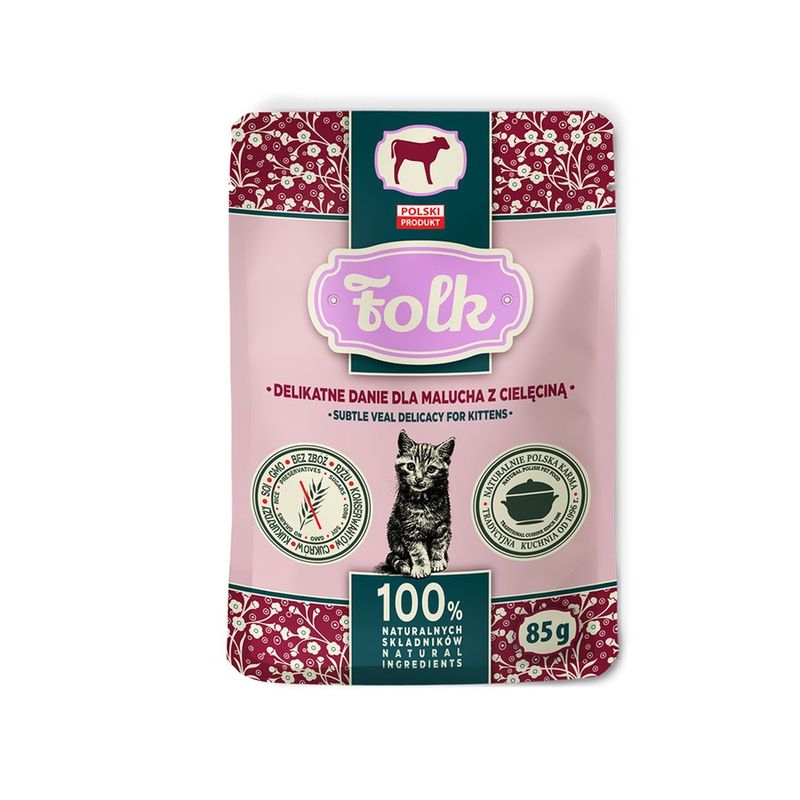 FOLK KITTEN Karma mokra dla kota - Delikatne danie dla malucha z cielęciną saszetka 85 g