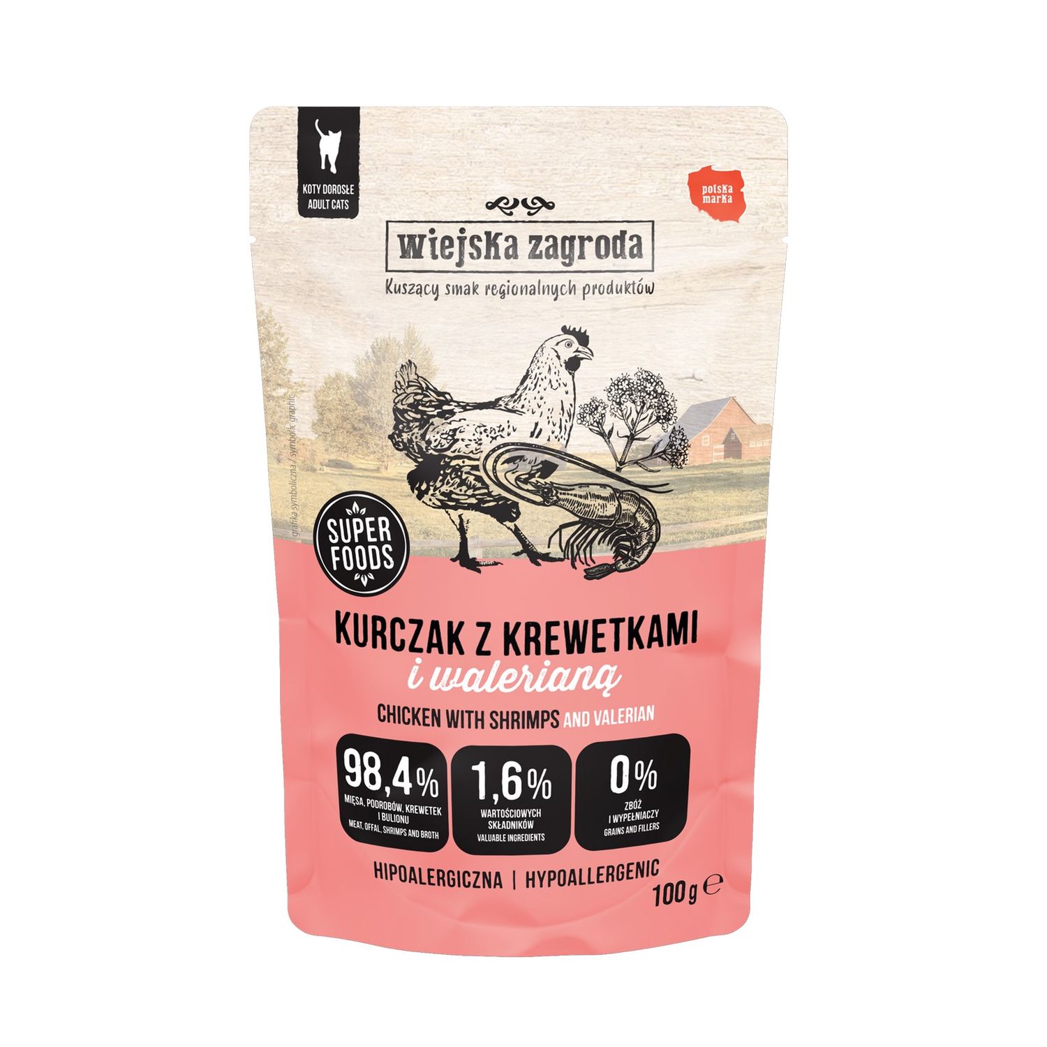 WIEJSKA ZAGRODA –Karma mokra dla kota - Kurczak z krewetkami i walerianą (dorosły) 100g
