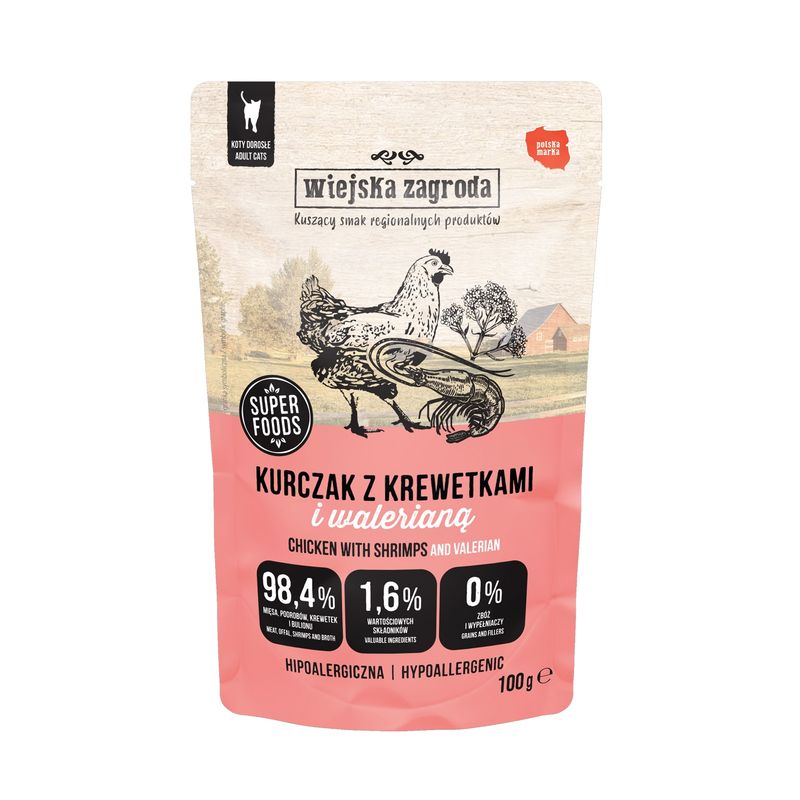 WIEJSKA ZAGRODA –Karma mokra dla kota - Kurczak z krewetkami i walerianą (dorosły) 100g