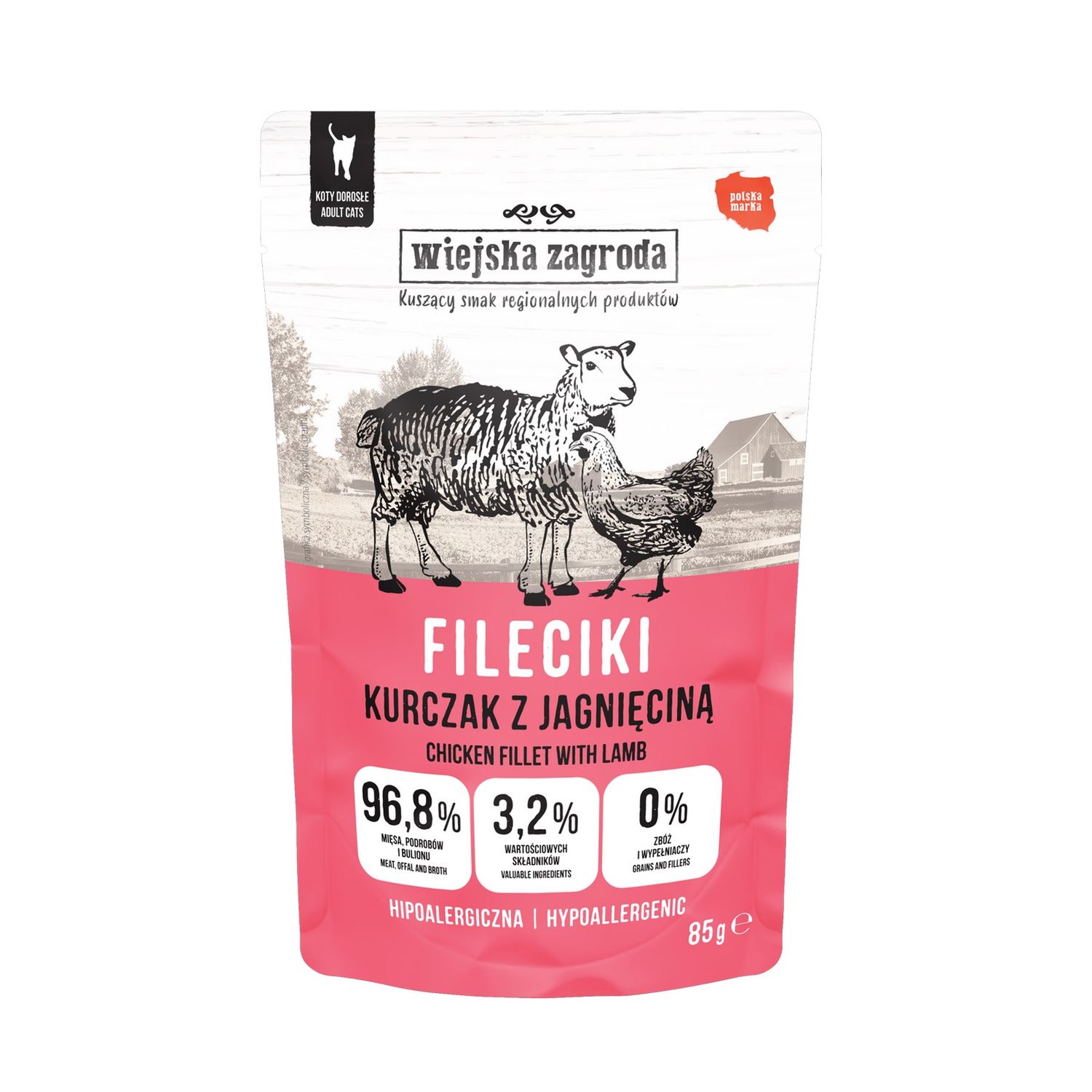 WIEJSKA ZAGRODA Karma mokra dla kota - Fileciki Kurczak z jagnięciną (dorosły) 85g
