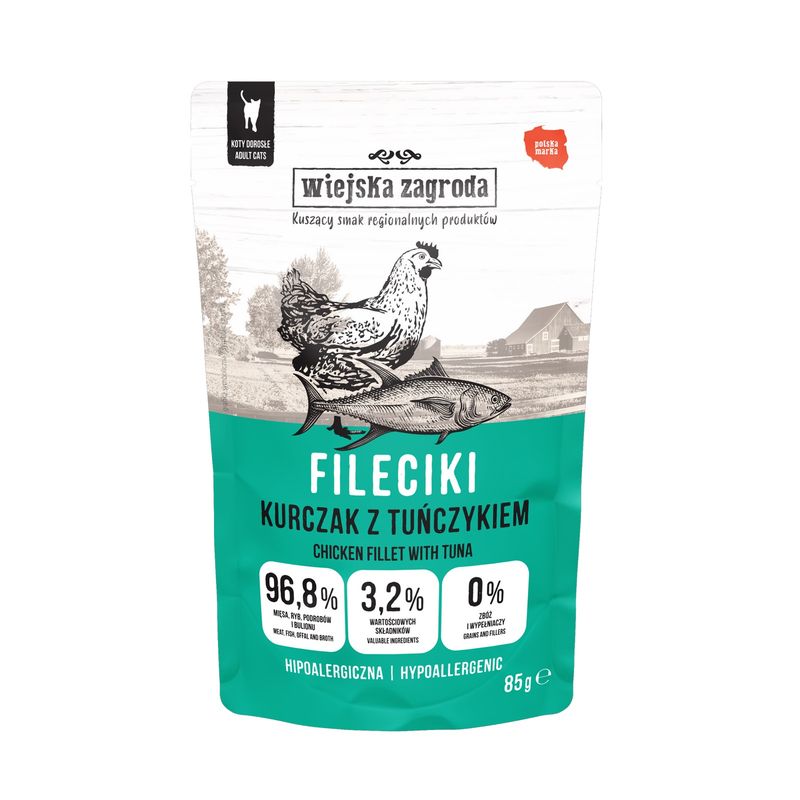 WIEJSKA ZAGRODA Karma mokra dla kota - Fileciki Kurczak z tuńczykiem (dorosły) 85g
