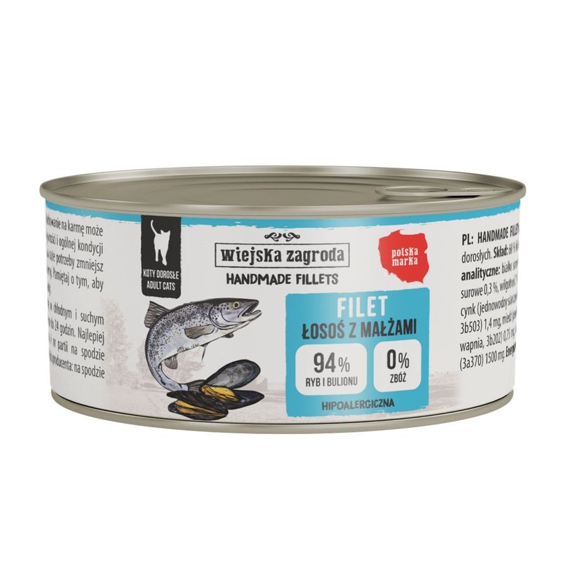 WIEJSKA ZAGRODA Karma mokra dla kota - Handmade fillets Łosoś z małżami (dorosły) 70g