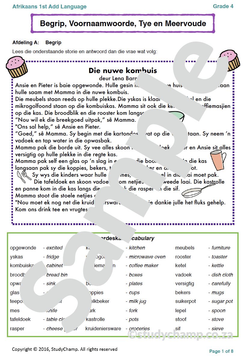 Grade 4 Afrikaans Toets: Die Kombuis