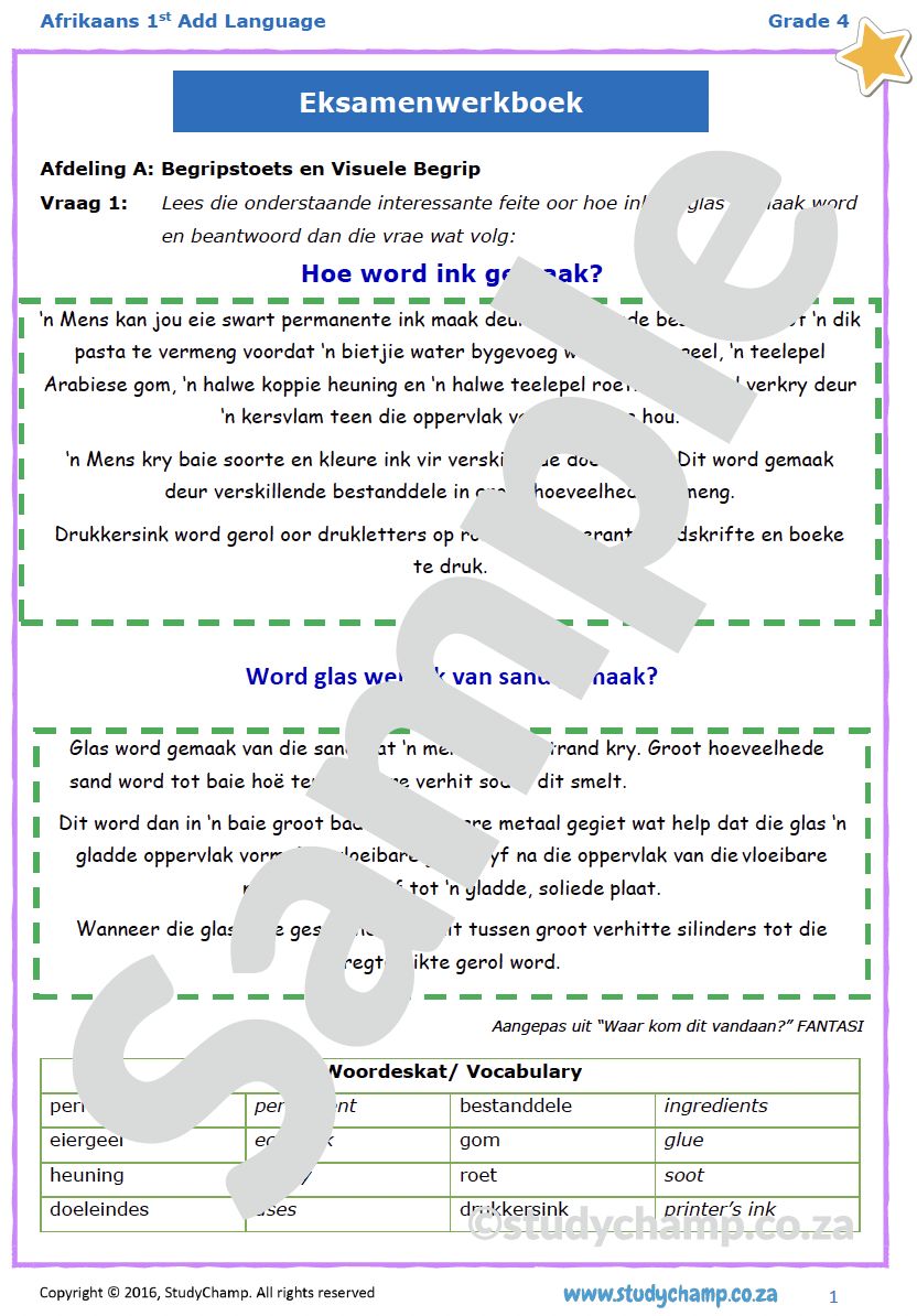 Grade 4 Afrikaans Year-end Exam: Comprehension and Language Workbook