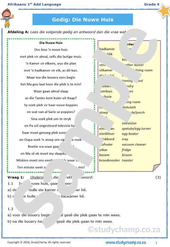 Grade 4 Afrikaans Toets: Die Nuwe Huis