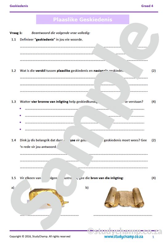 Graad 4 Geskiendenis Toets: Plaaslike Geskiedenis