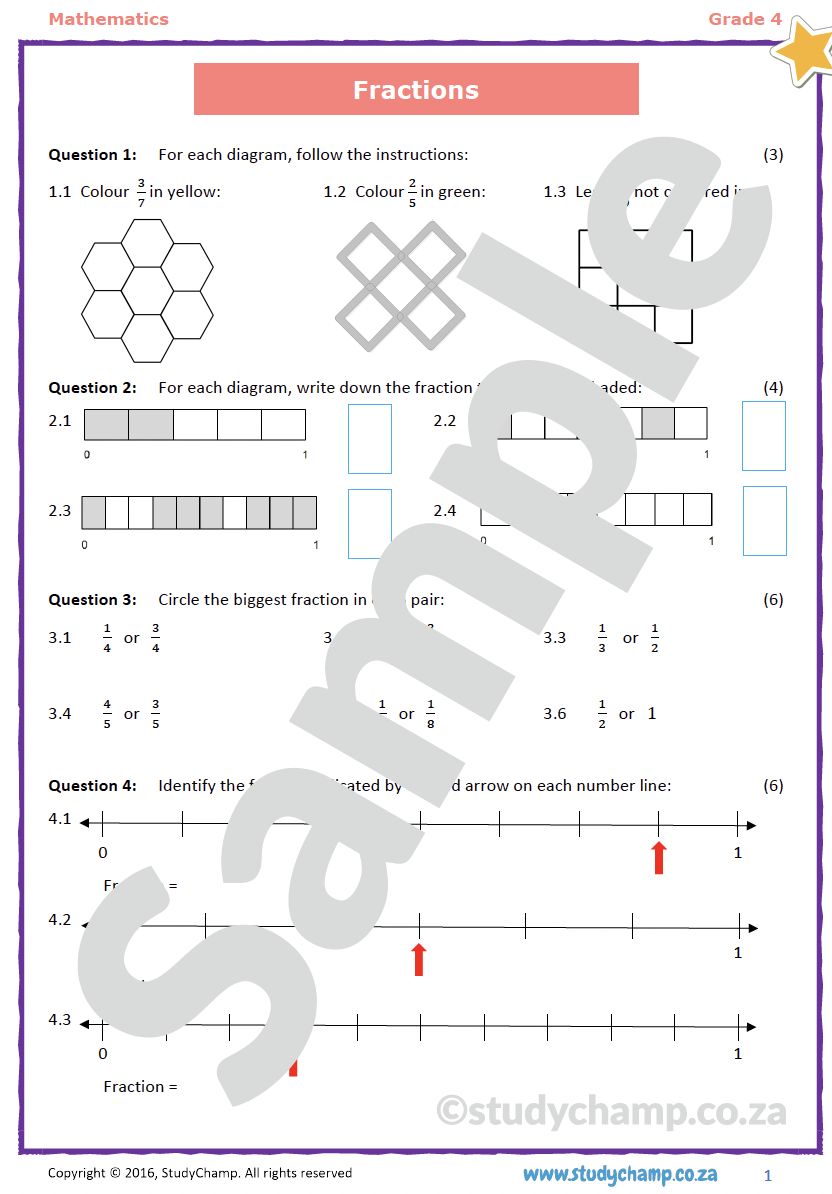 Grade 4 Mathematics Test: Mixed skills - Fractions, Measurement and Grids
