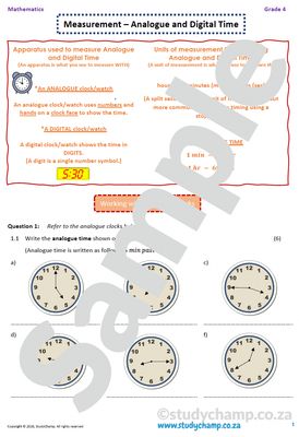 Grade 4 Mathematics worksheet: Time - digital and analogue