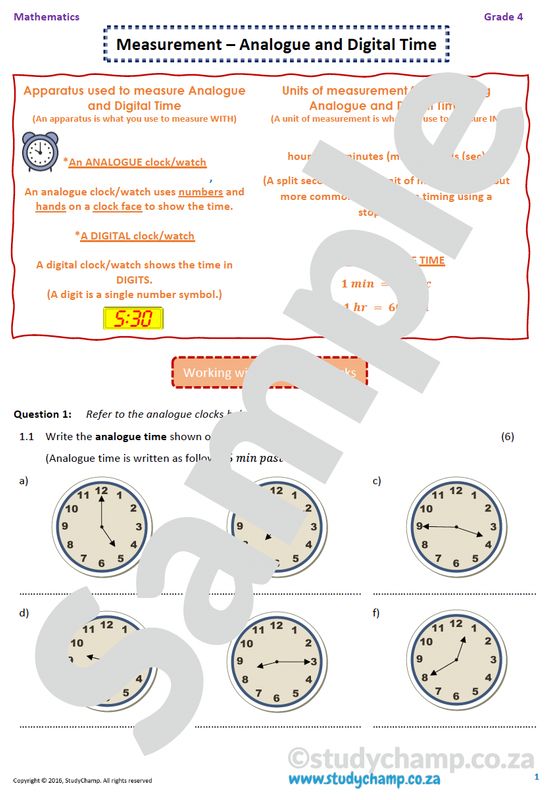Grade 4 Mathematics worksheet: Time - digital and analogue