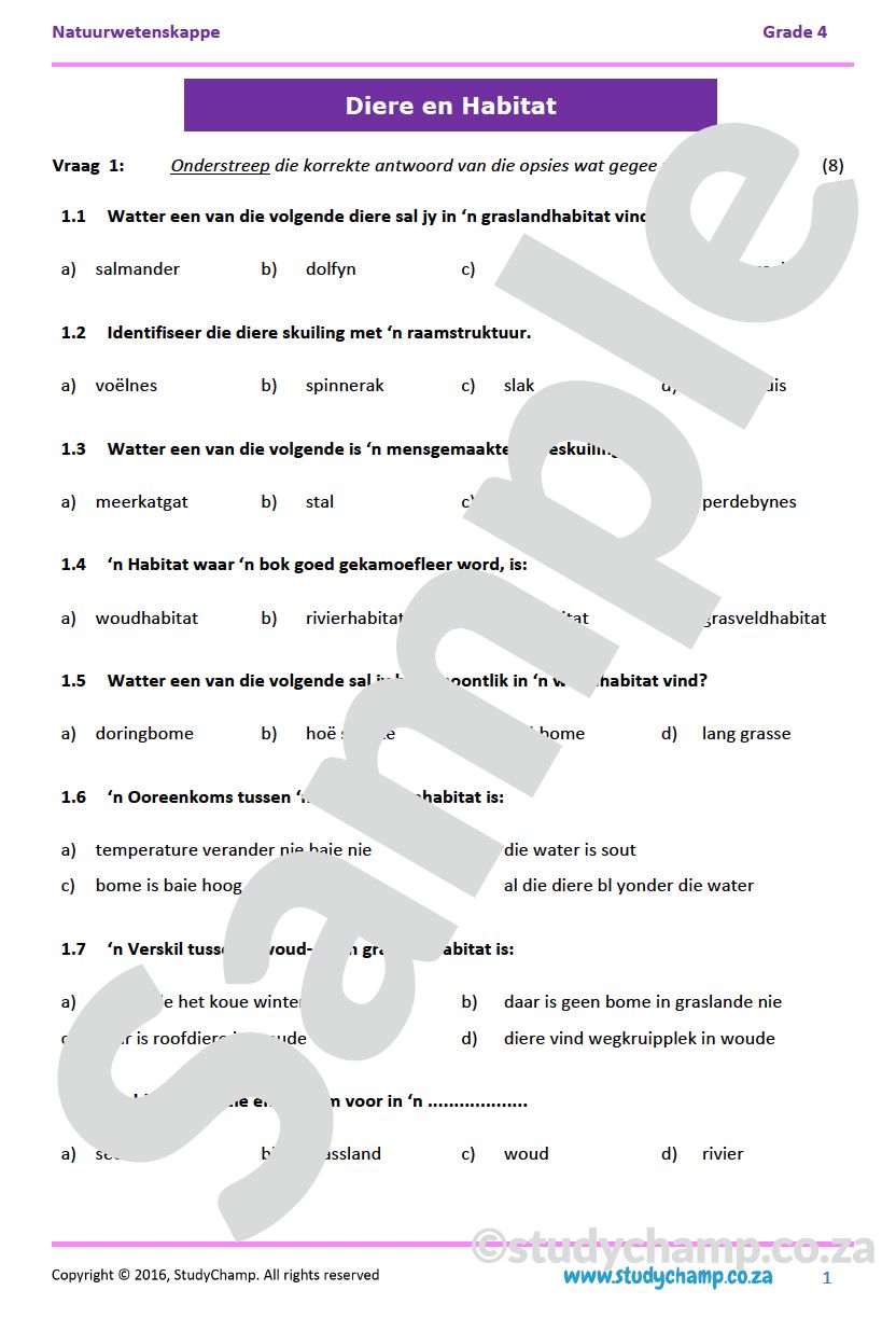 Graad 4 Natuurwetenskappe Toets: Diere en Habitatte