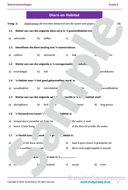 Graad 4 Natuurwetenskappe Toets: Diere en Habitatte