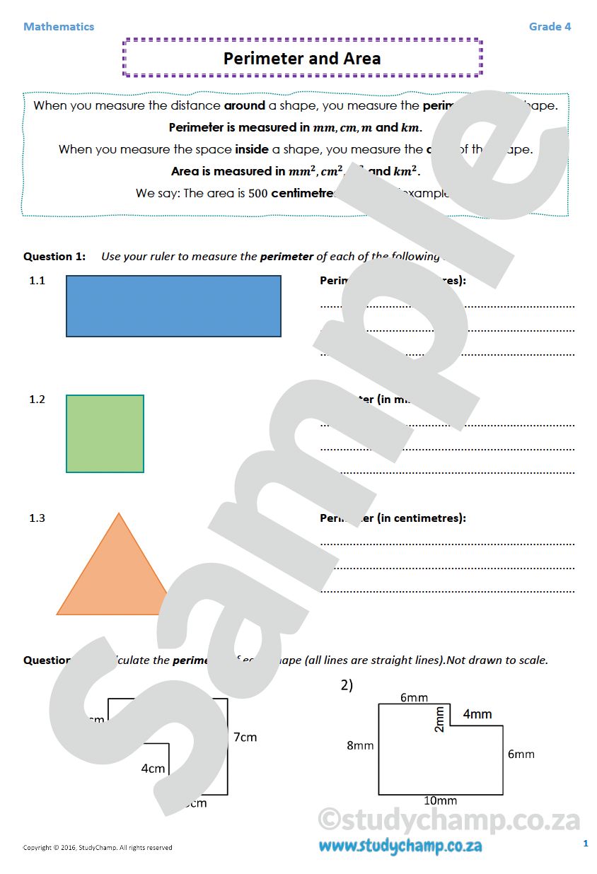 Grade 4 Mathematics worksheet: Perimeter and Area