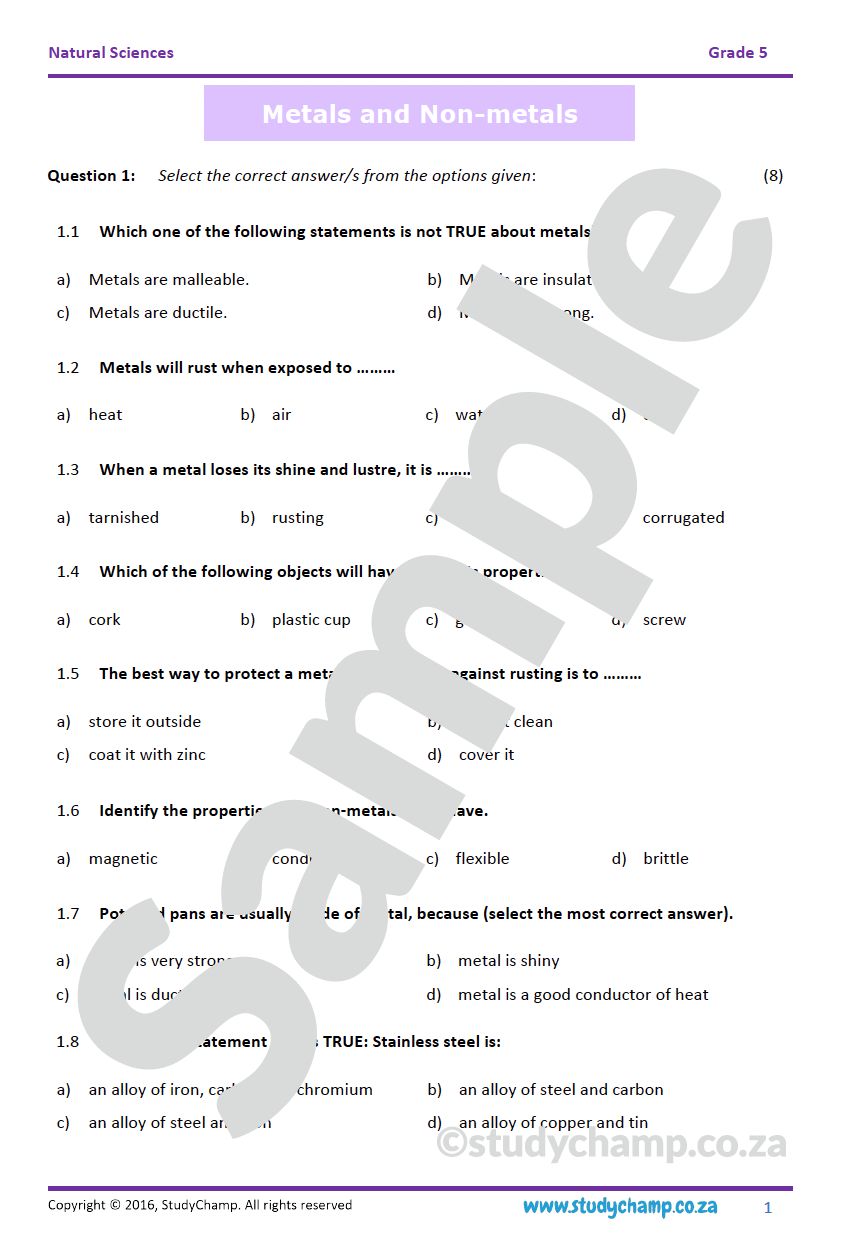 Grade 5 Natural Sciences Test: Metals and Non-metals