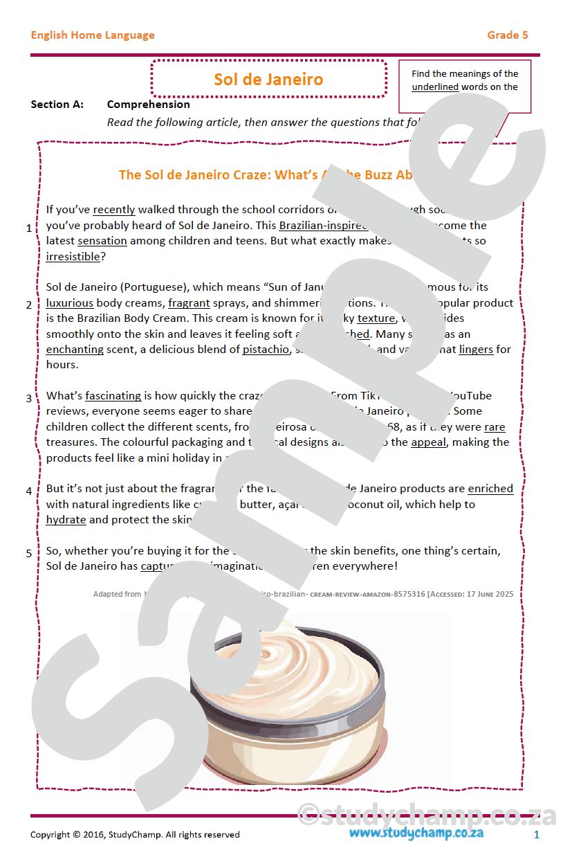 Grade 5 English Comprehension: Sol de Janeiro