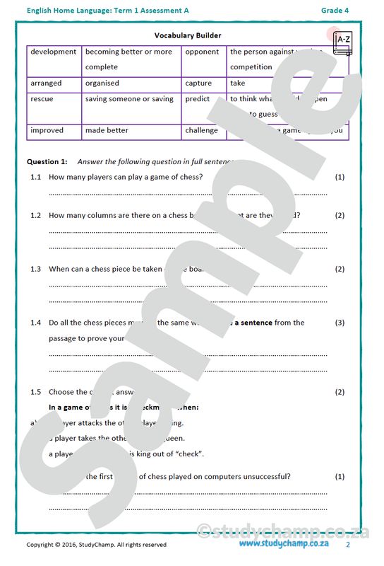 Grade 4 English: Term 1 Assessment A