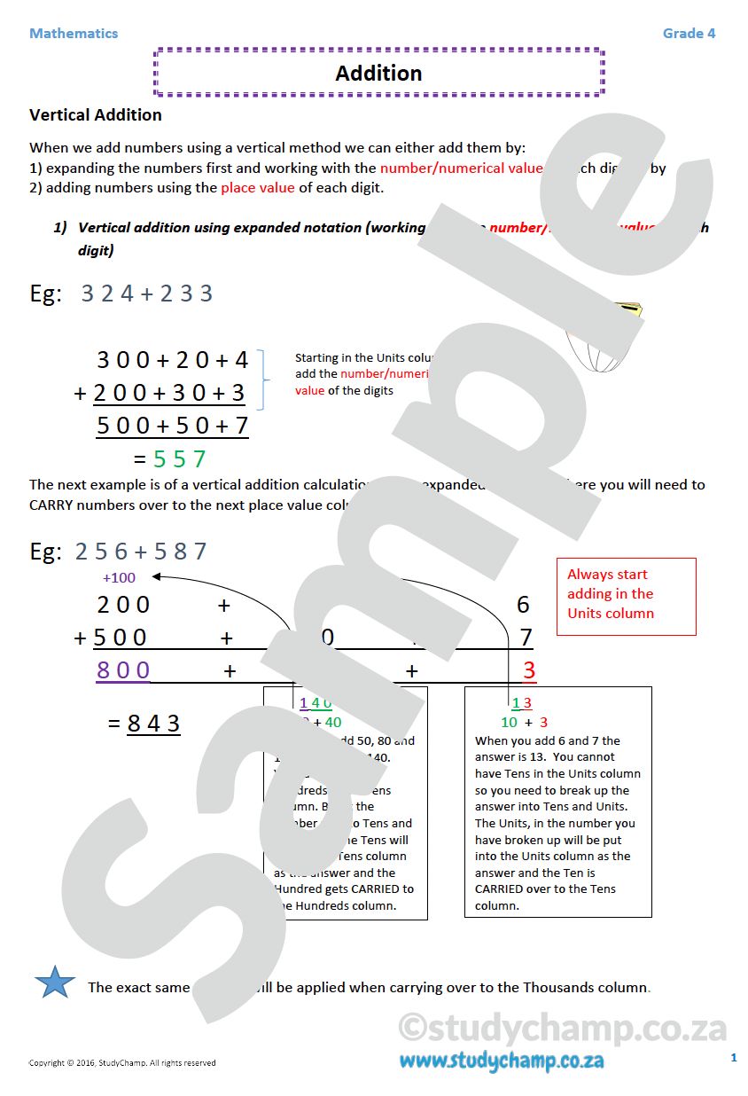 Grade 4 Mathematics worksheet: Addition