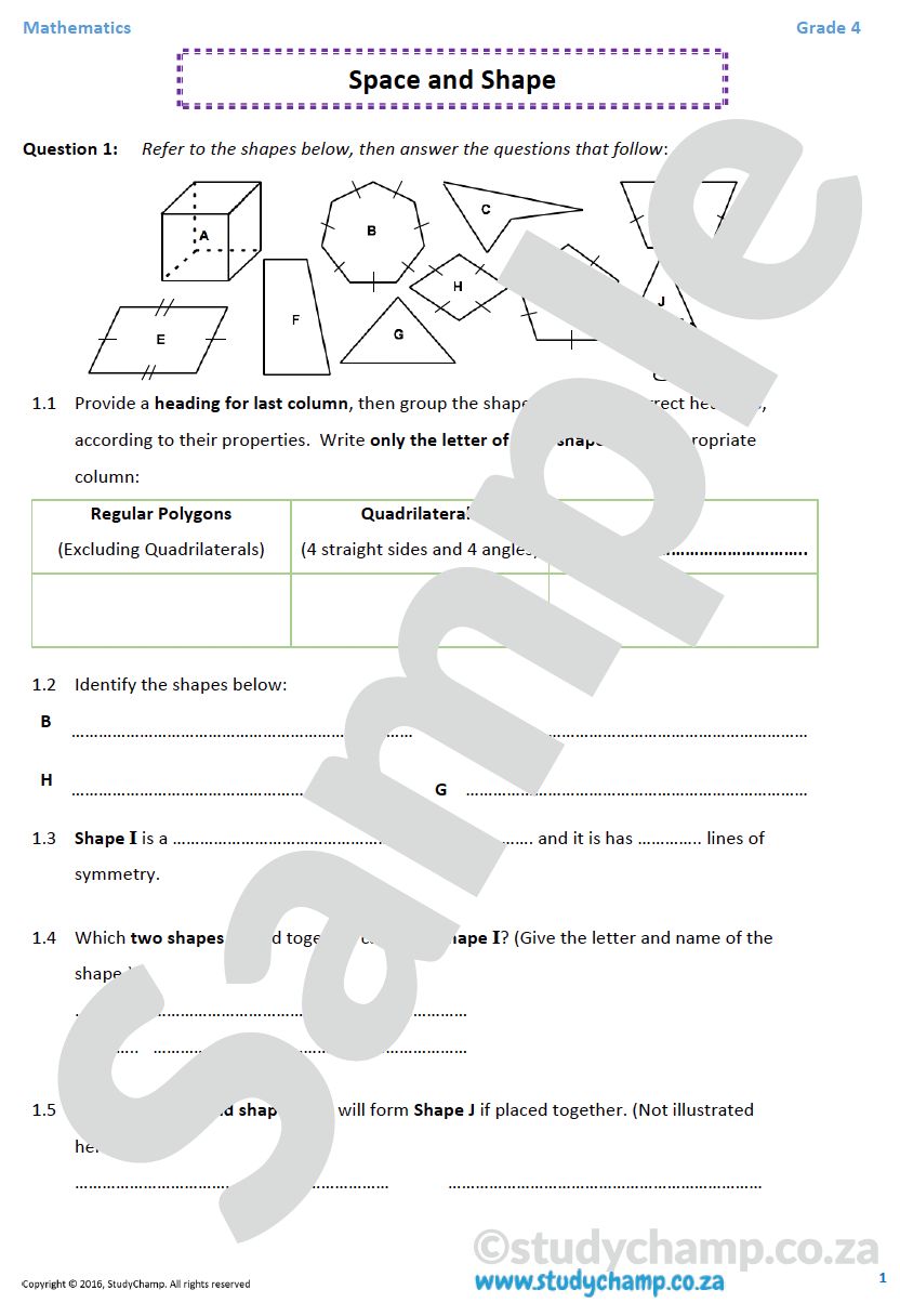 Grade 4 Mathematics worksheet: Space and Shape
