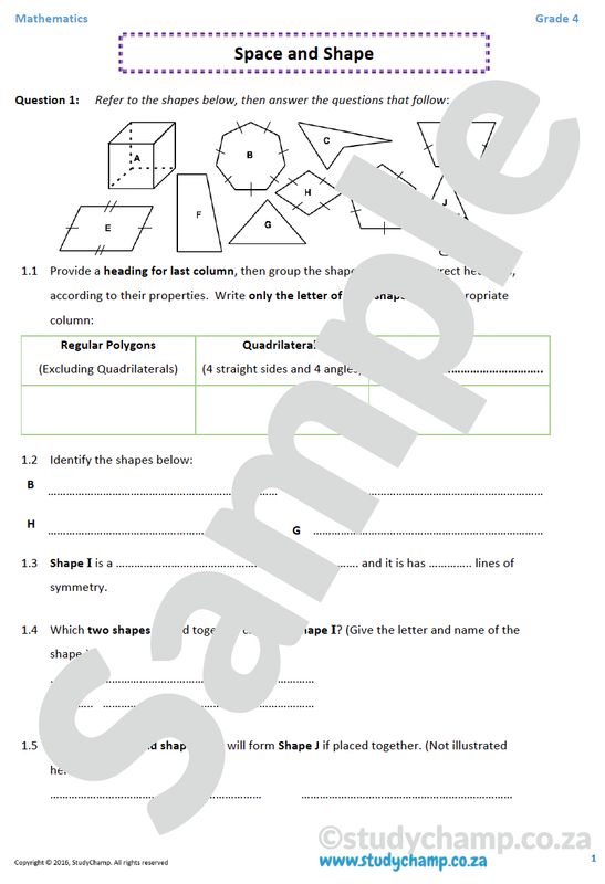 Grade 4 Mathematics worksheet: Space and Shape