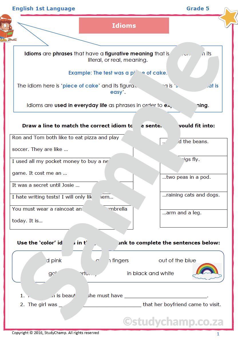 Grade 5 English Worksheet: Idioms