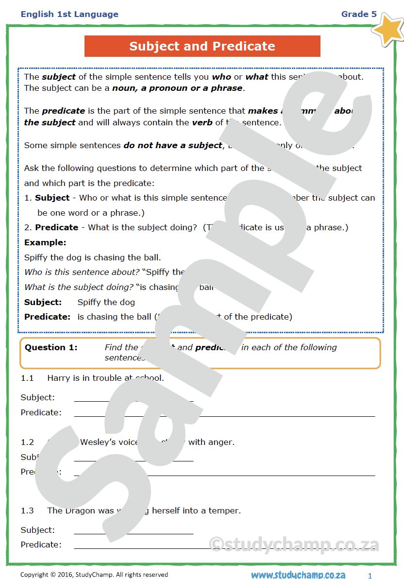 Grade 5 English Worksheet: Subject and Predicate