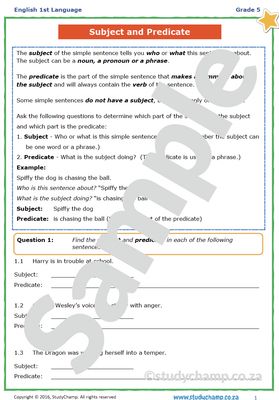 Grade 5 English Worksheet: Subject and Predicate