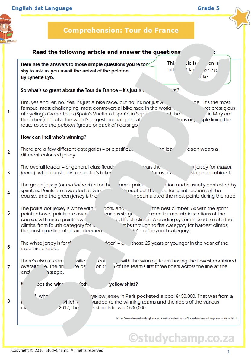 Grade 5 English Comprehension: Tour de France