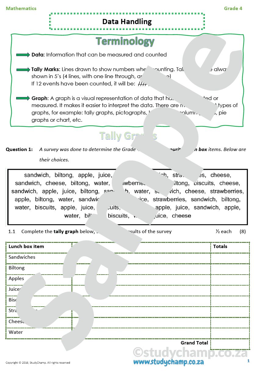 Grade 4 Mathematics worksheet: Data Handling
