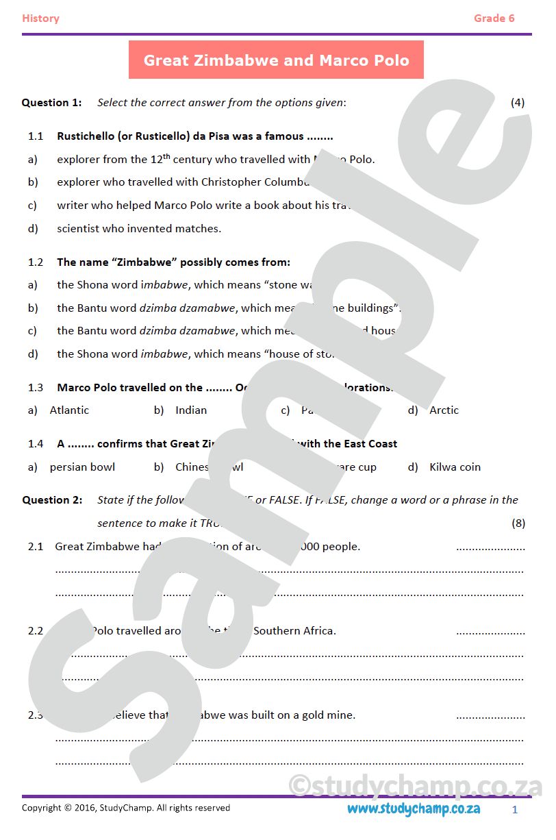 Grade 6 History Test: Great Zimbabwe and Marco Polo