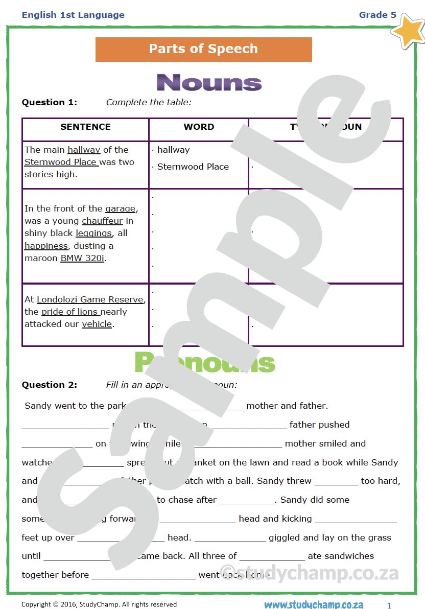 Grade 5 English Worksheet: Parts of Speech