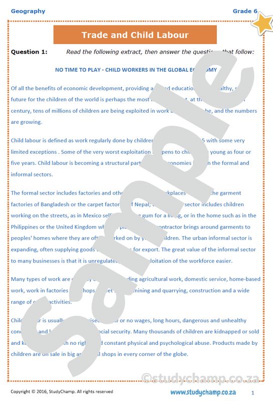 Grade 6 Geography Worksheet: Trade and Child labour