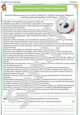 Grade 6 English Comprehension: Natural Resources