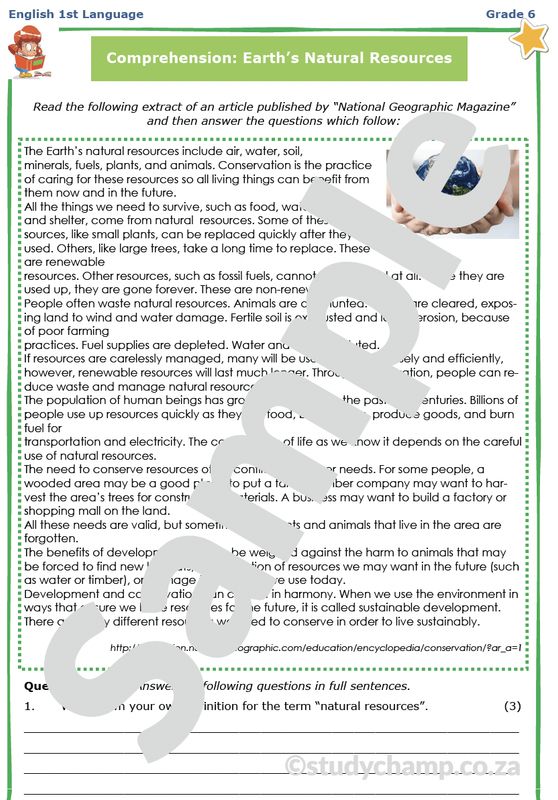 Grade 6 English Comprehension: Natural Resources