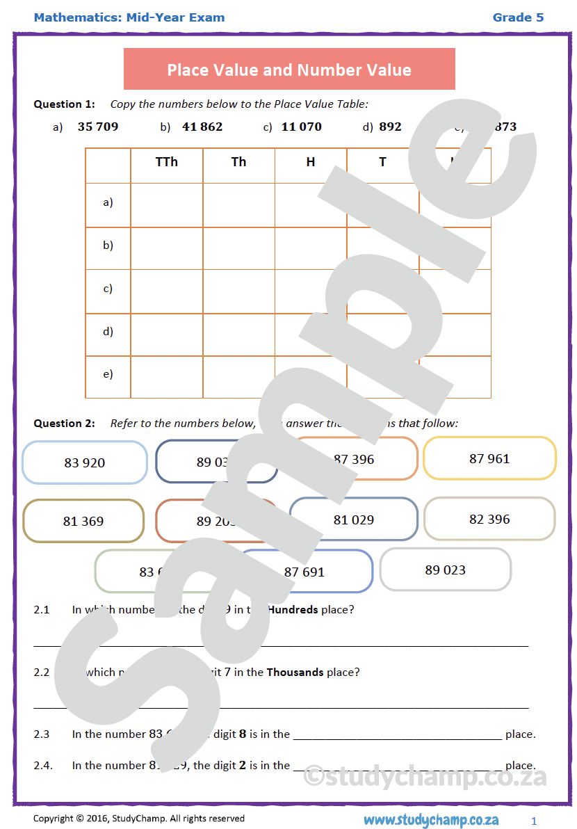 Grade 5 Mathematics Mid-Year Exam: Workbook 1