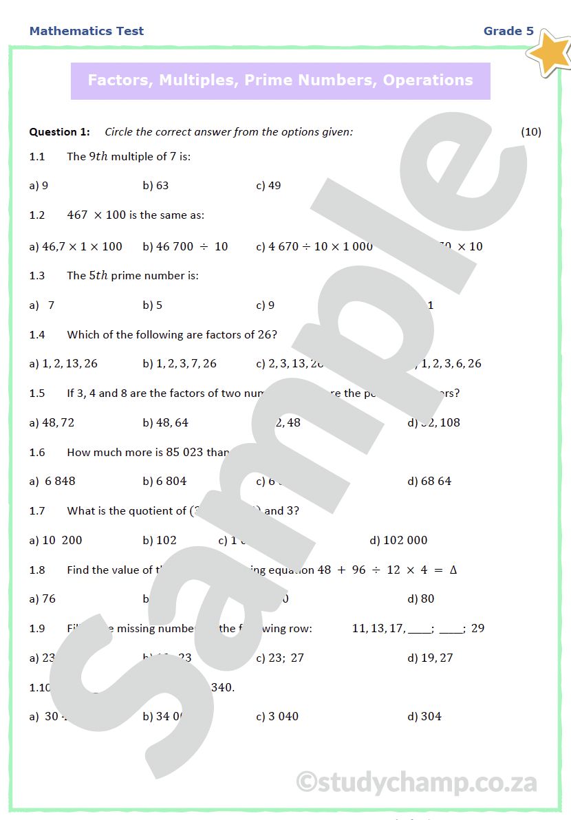 Grade 5 Mathematics Test: Factors, Multiples and Operations