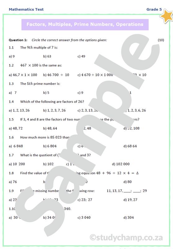 Grade 5 Mathematics Test: Factors, Multiples and Operations