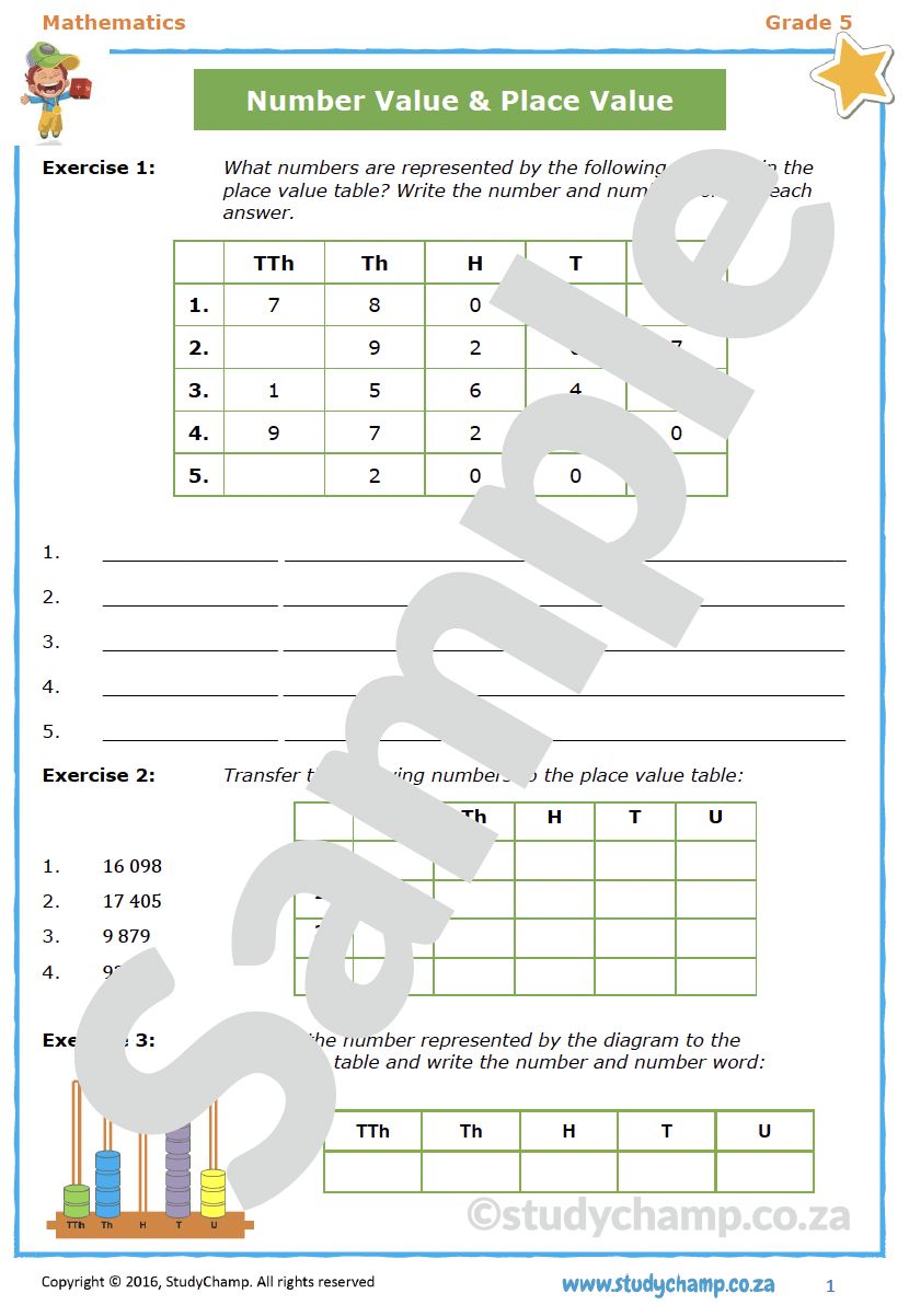 Grade 5 Mathematics Worksheet: Place value and Number value