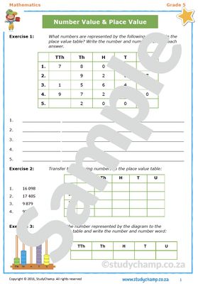Grade 5 Mathematics Worksheet: Place value and Number value