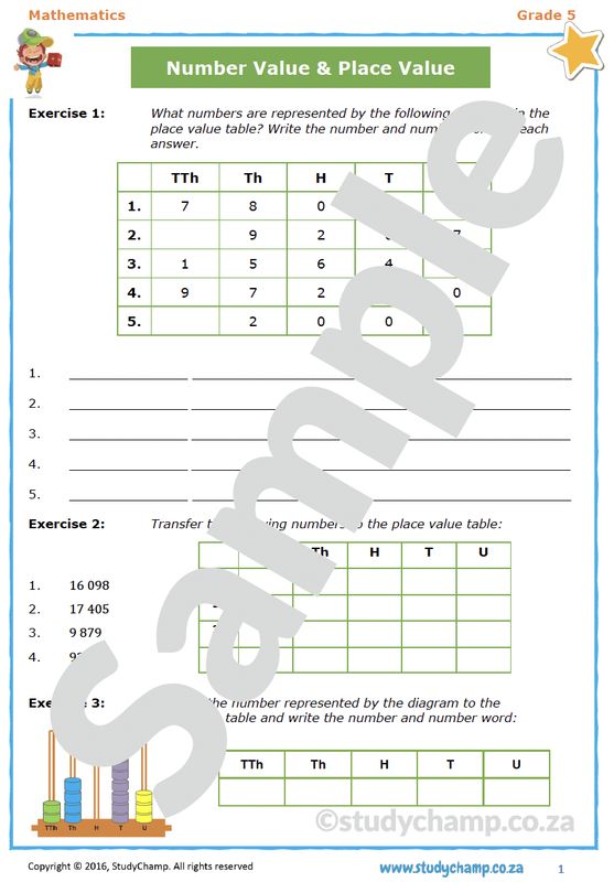 Grade 5 Mathematics Worksheet: Place value and Number value