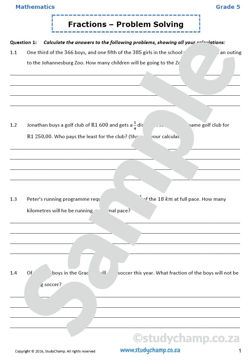 Grade 5 Mathematics Worksheet: Fractions Problem Solving