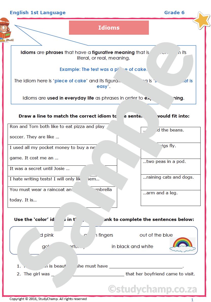 Grade 6 English Worksheet: Idioms