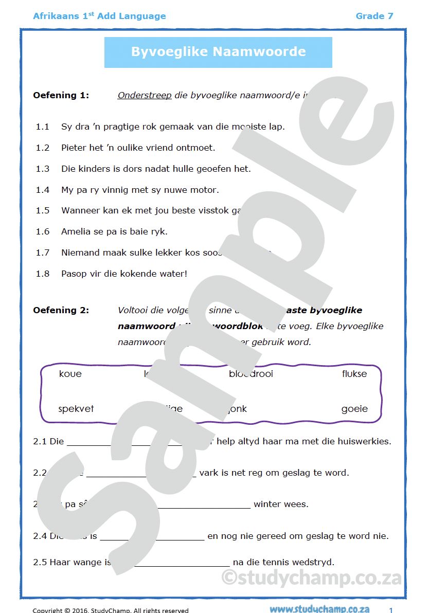 Grade 7 Afrikaans: Byvoeglike Naamwoorde