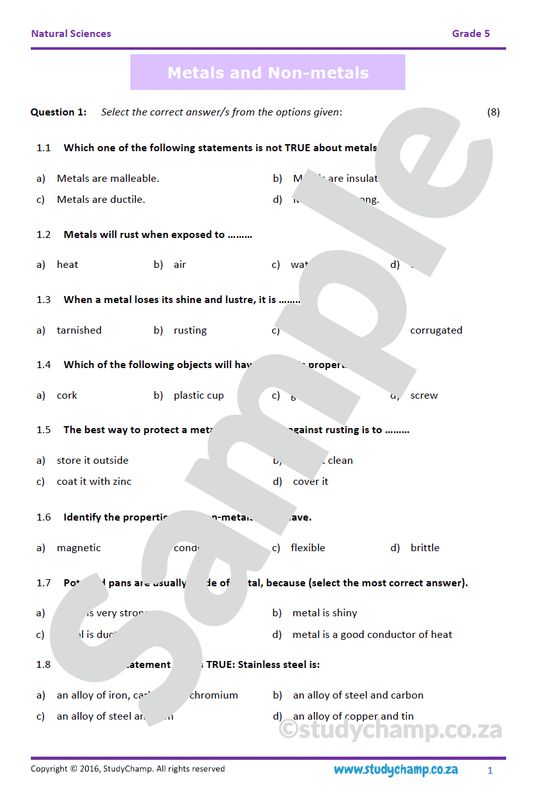 Grade 5 Natural Sciences Test: Metals and Non-metals