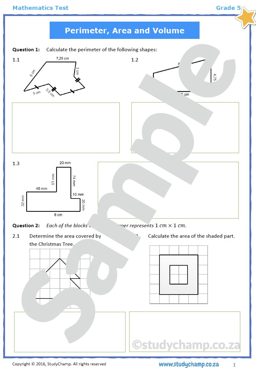 Grade 5 Mathematics Test: Perimeter, Area and Volume