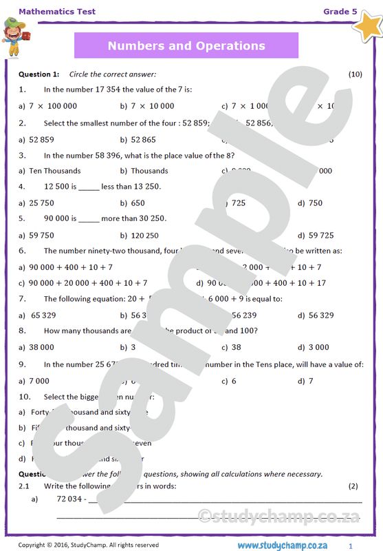 Grade 5 Mathematics Test: Numbers and Operations
